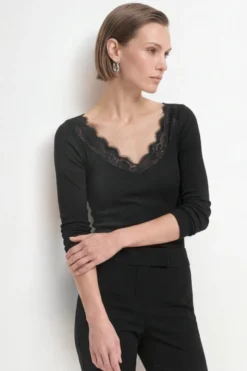 Baumwoll-Longsleeve mit Spitzenbesatz