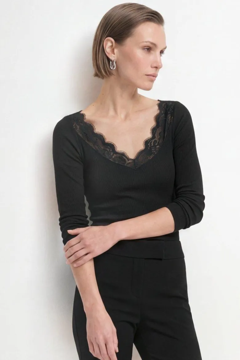 Baumwoll-Longsleeve mit Spitzenbesatz