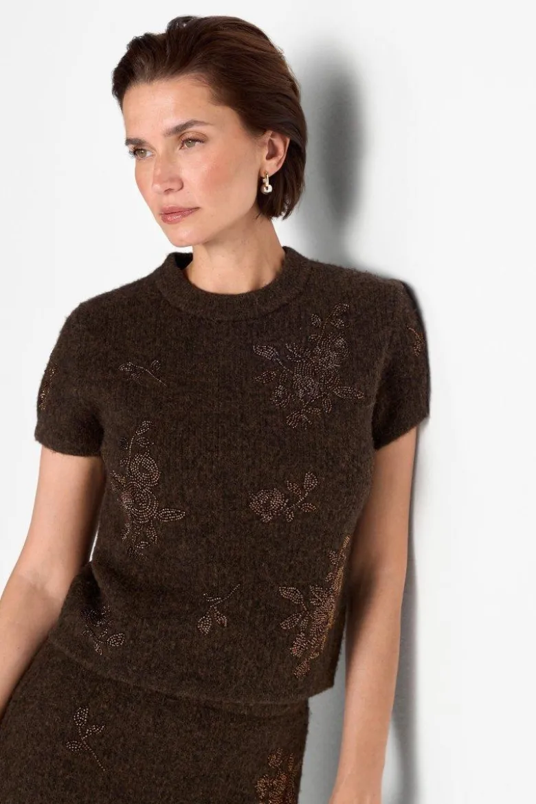 Kurzarm-Strickpullover mit Perlenstickerei