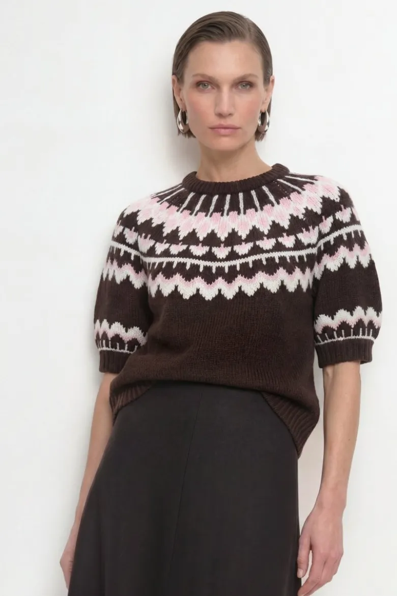 Kurzarm-Wollpullover mit Jacquardmuster